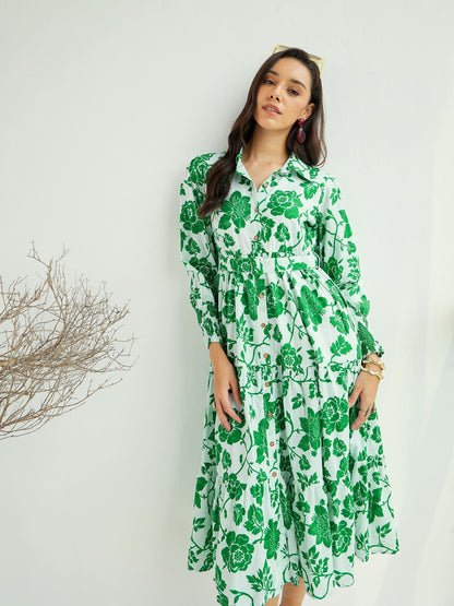 Women's White & Green Floral Front-Button Midi Dre