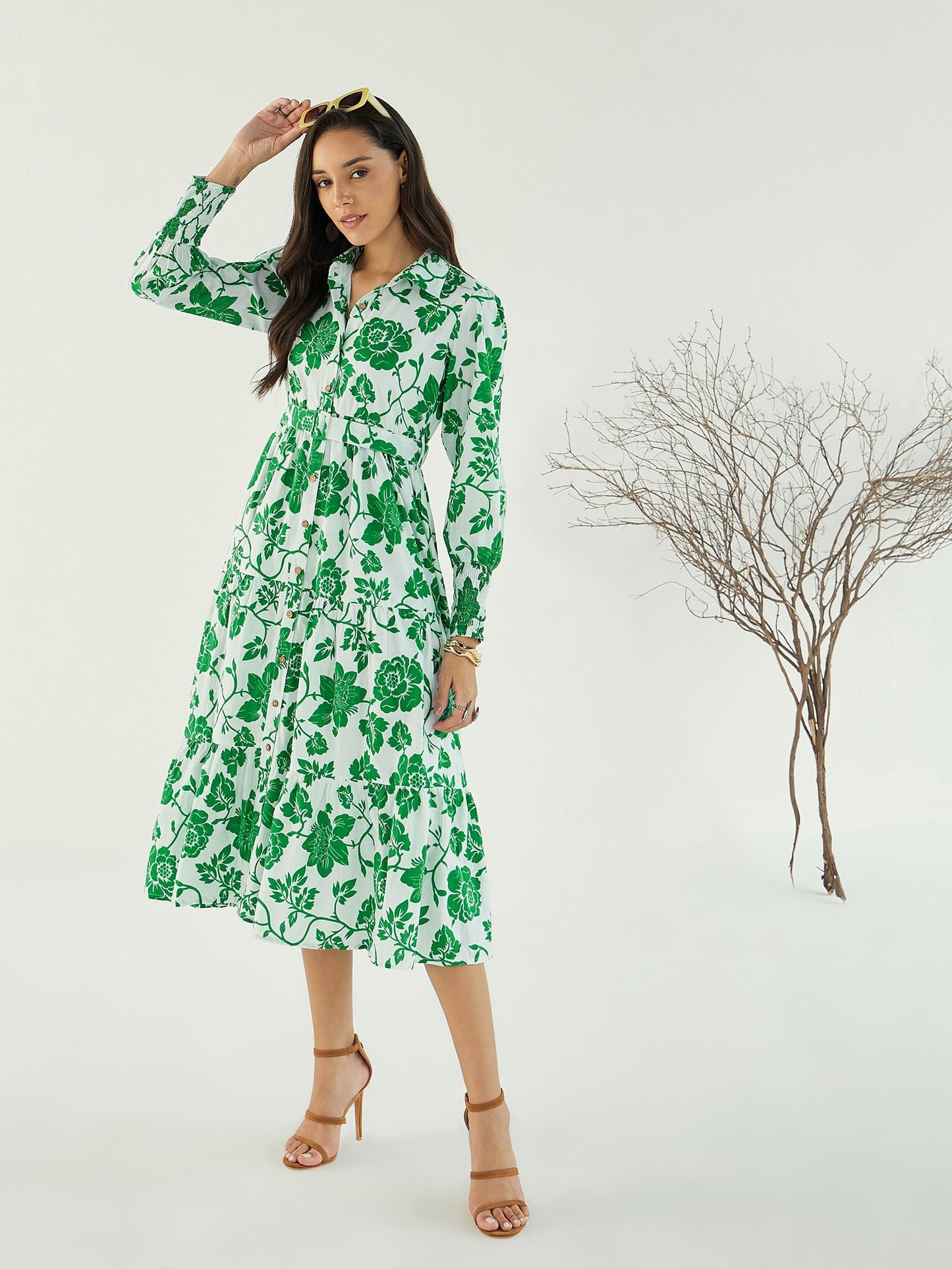 Women's White & Green Floral Front-Button Midi Dre