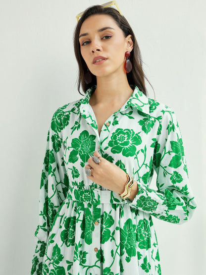 Women's White & Green Floral Front-Button Midi Dre