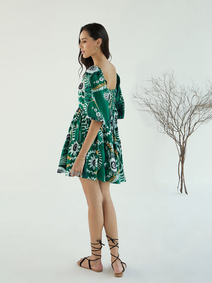 Women's Green Floral Square-Neck Short Dre