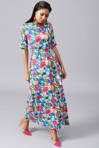 Women's White Tropical Drawstring Maxi