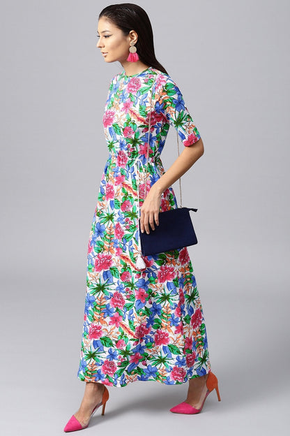 Women's White Tropical Drawstring Maxi