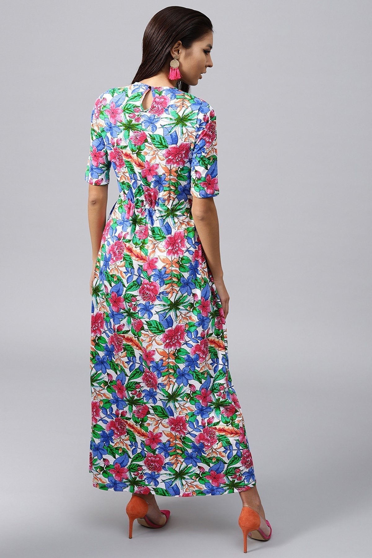 Women's White Tropical Drawstring Maxi