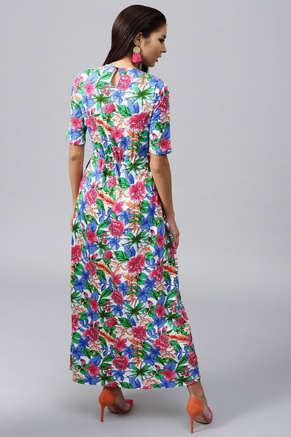 Women's White Tropical Drawstring Maxi