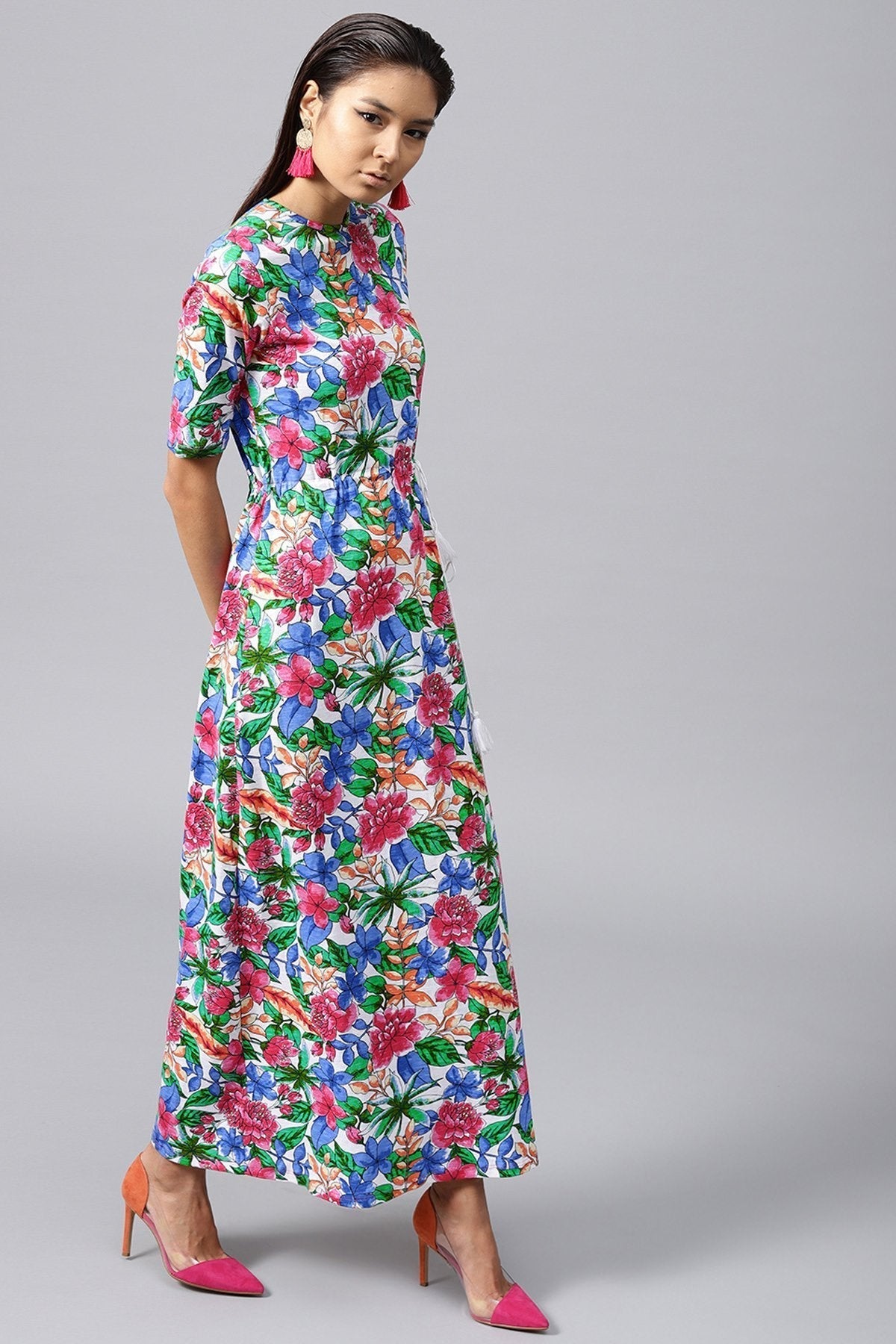 Women's White Tropical Drawstring Maxi