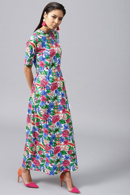 Women's White Tropical Drawstring Maxi