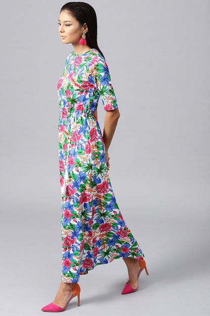 Women's White Tropical Drawstring Maxi