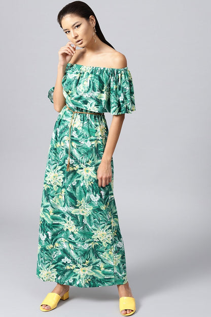 Women's Green Tropical Off Shoulder Belted Maxi