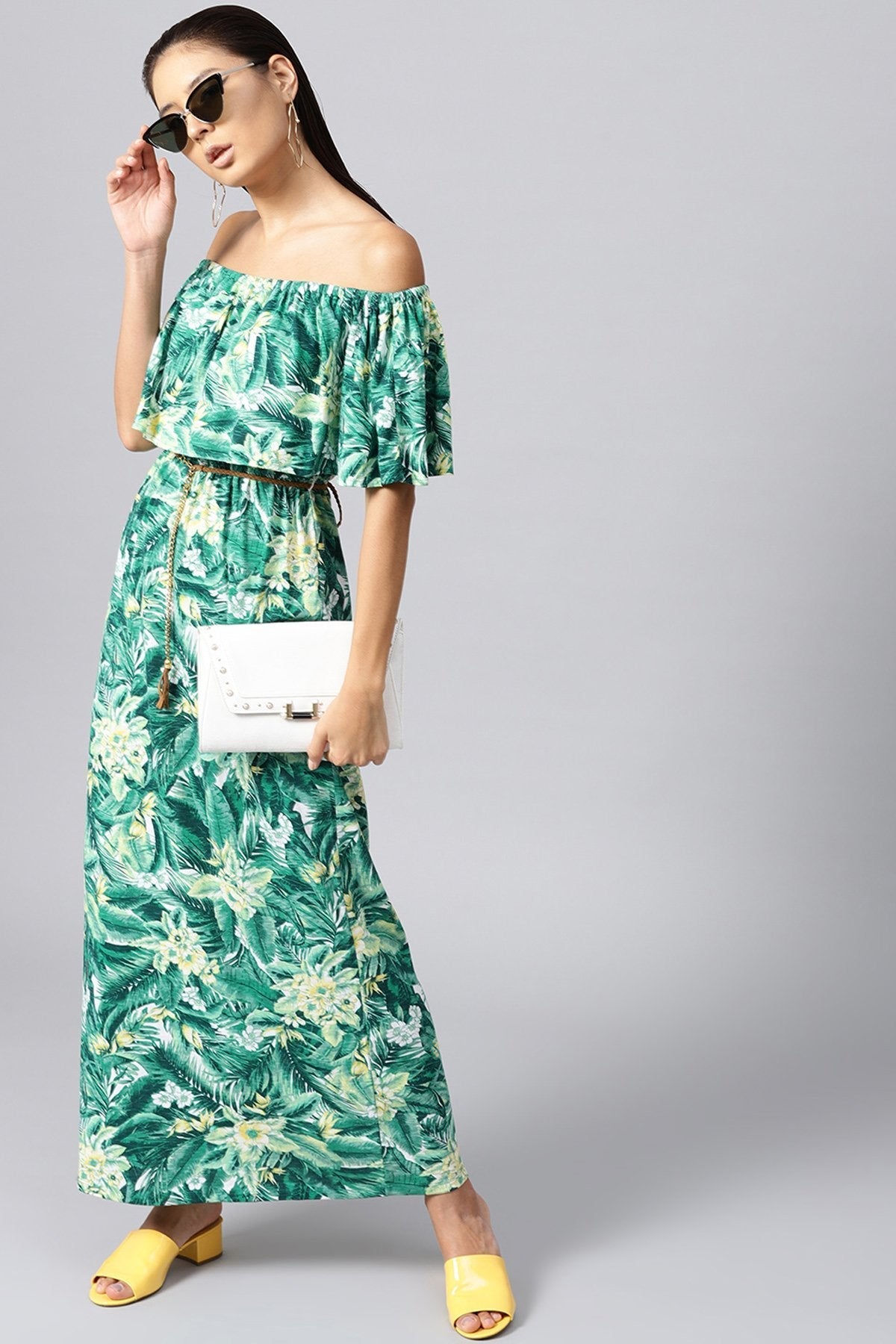 Women's Green Tropical Off Shoulder Belted Maxi