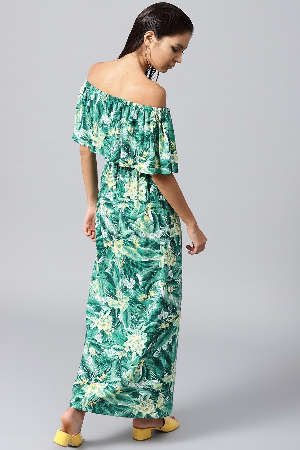 Women's Green Tropical Off Shoulder Belted Maxi