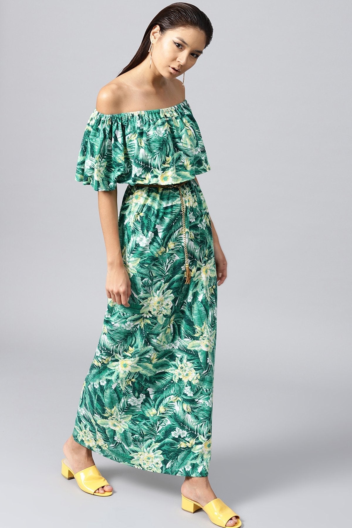 Women's Green Tropical Off Shoulder Belted Maxi