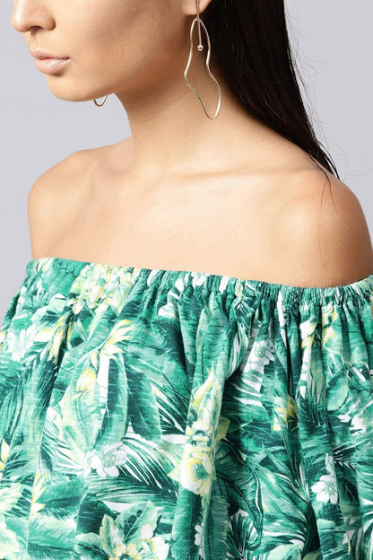 Women's Green Tropical Off Shoulder Belted Maxi