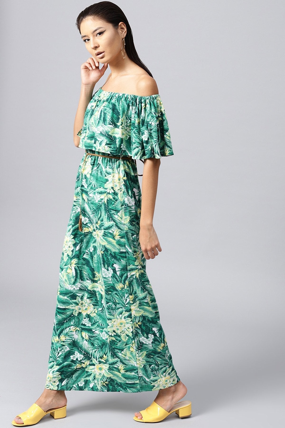 Women's Green Tropical Off Shoulder Belted Maxi