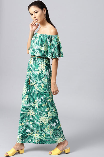 Women's Green Tropical Off Shoulder Belted Maxi