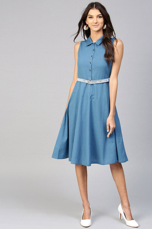 Women's Blue Embroidered Belt Ethnic Midi Dress