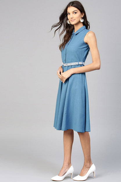 Women's Blue Embroidered Belt Ethnic Midi Dress
