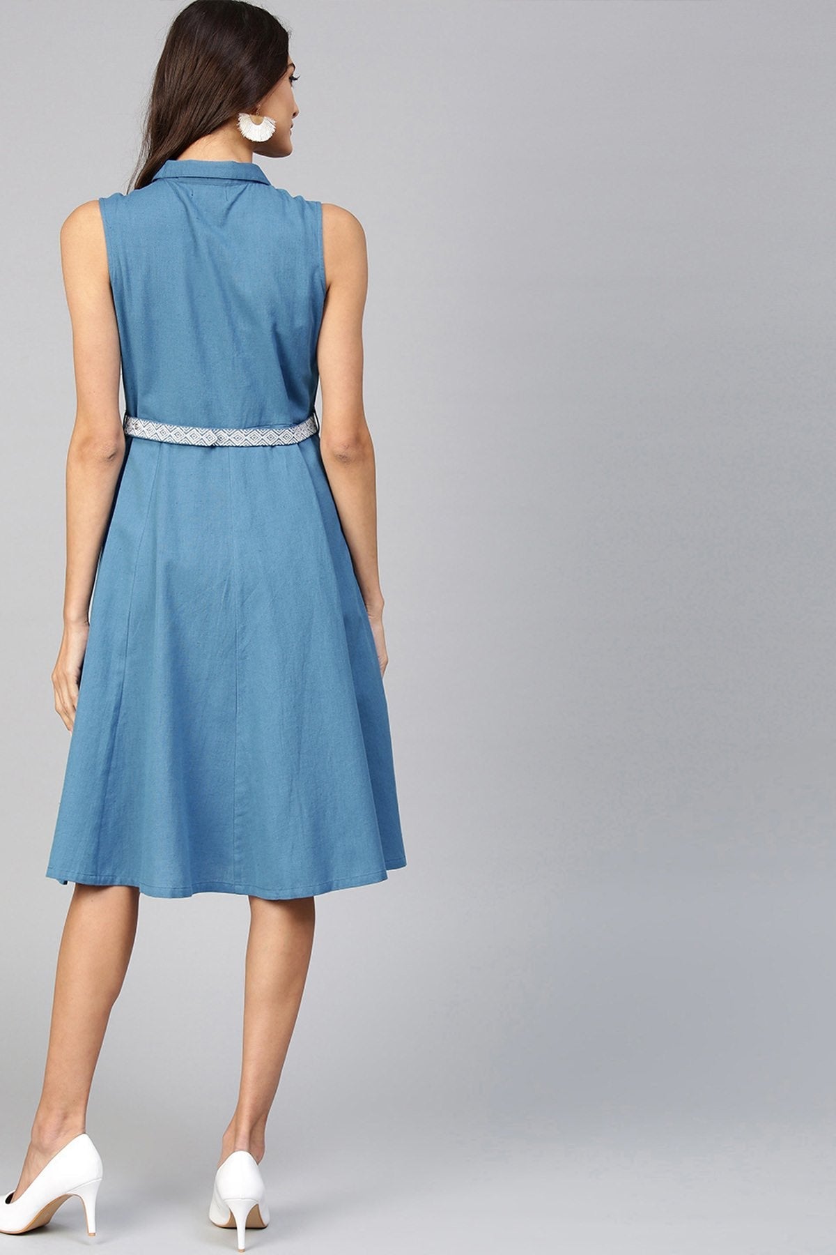 Women's Blue Embroidered Belt Ethnic Midi Dress