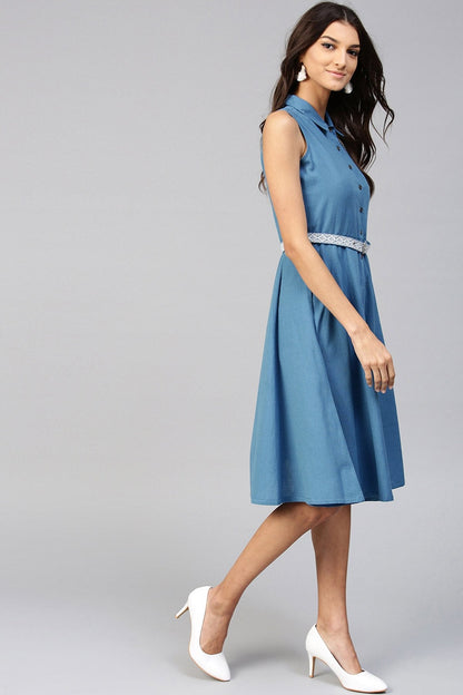 Women's Blue Embroidered Belt Ethnic Midi Dress