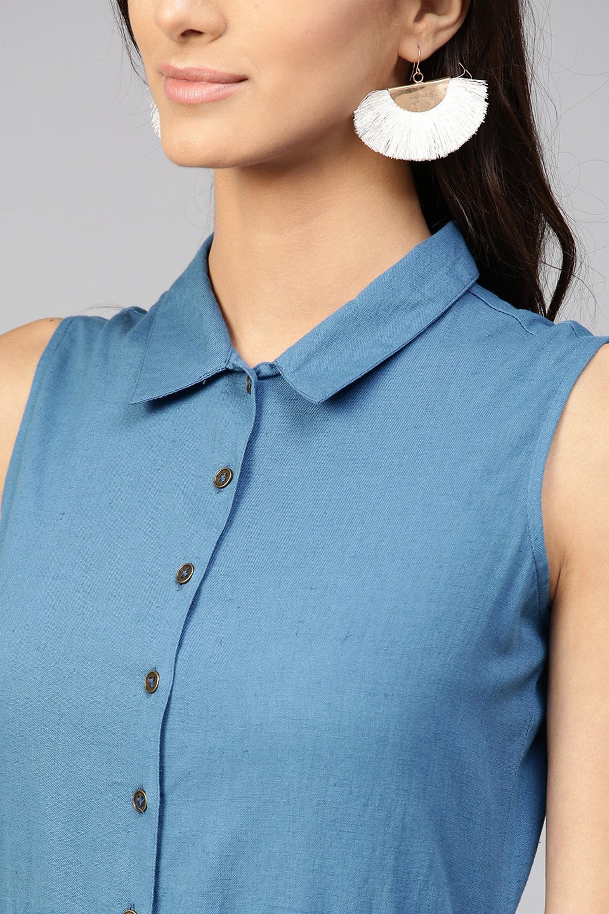Women's Blue Embroidered Belt Ethnic Midi Dress
