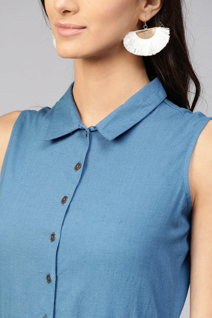 Women's Blue Embroidered Belt Ethnic Midi Dress
