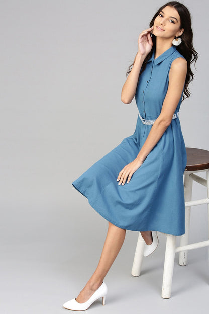 Women's Blue Embroidered Belt Ethnic Midi Dress