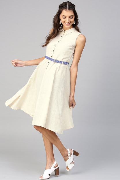 Women's Off-White Embroidered Belt Ethnic Midi Dress