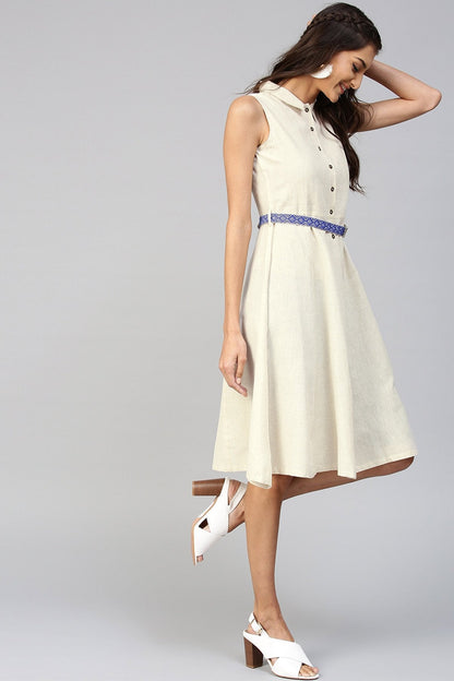 Women's Off-White Embroidered Belt Ethnic Midi Dress