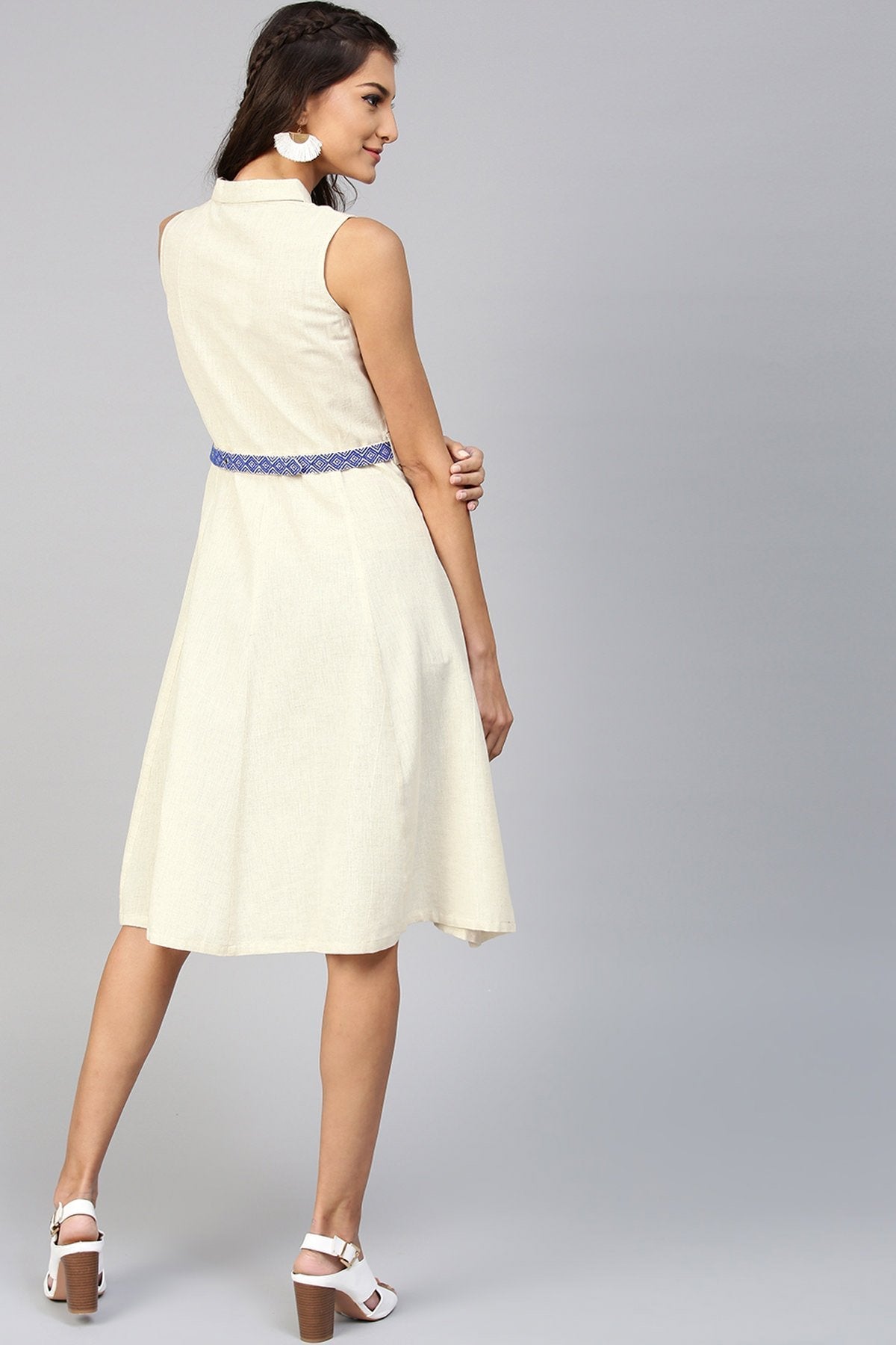 Women's Off-White Embroidered Belt Ethnic Midi Dress