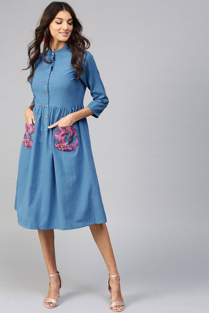 Women's Floral Printed Pocket Blue Ethnic Midi Dress