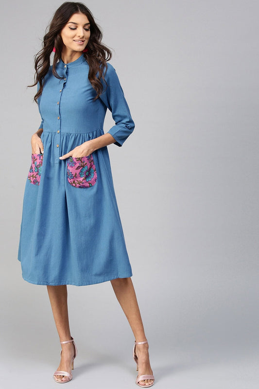 Women's Floral Printed Pocket Blue Ethnic Midi Dress