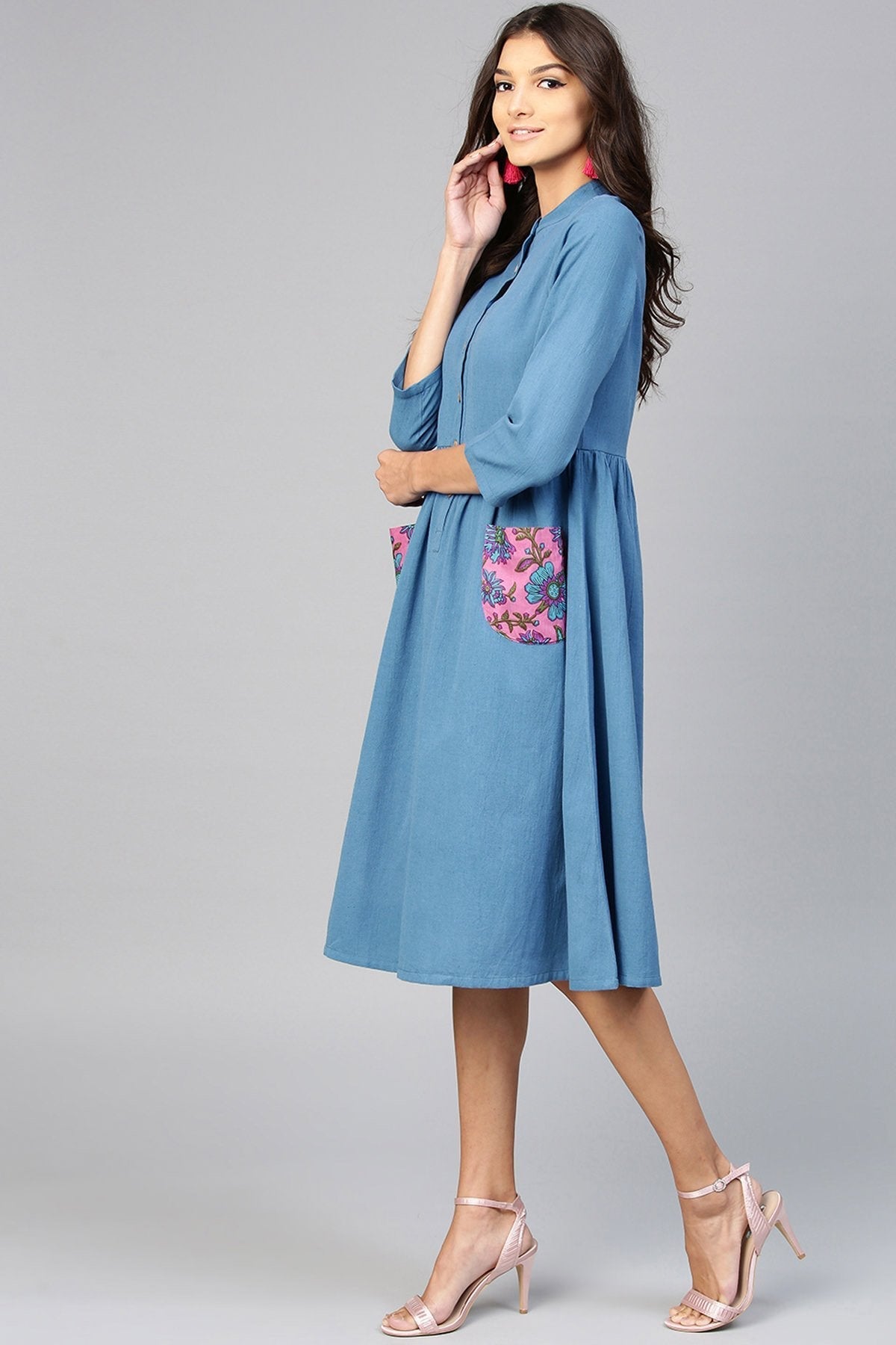 Women's Floral Printed Pocket Blue Ethnic Midi Dress