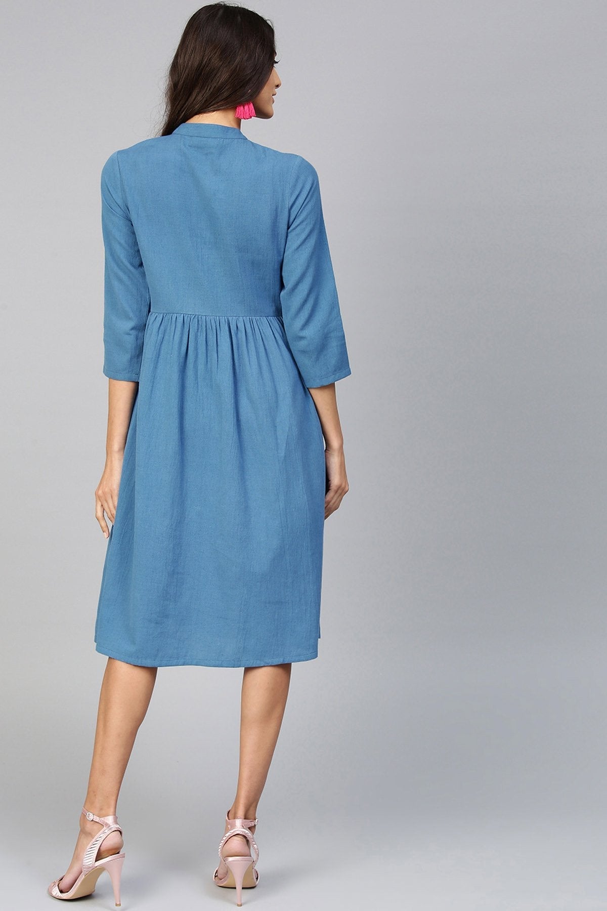 Women's Floral Printed Pocket Blue Ethnic Midi Dress