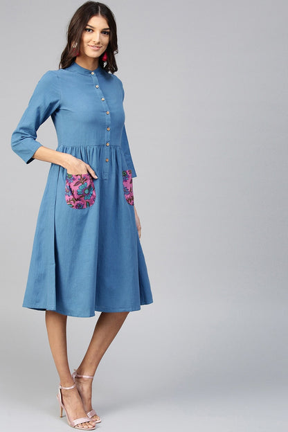 Women's Floral Printed Pocket Blue Ethnic Midi Dress