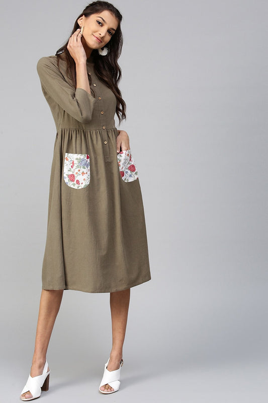 Women's Floral Printed Pocket Brown Ethnic Midi Dress