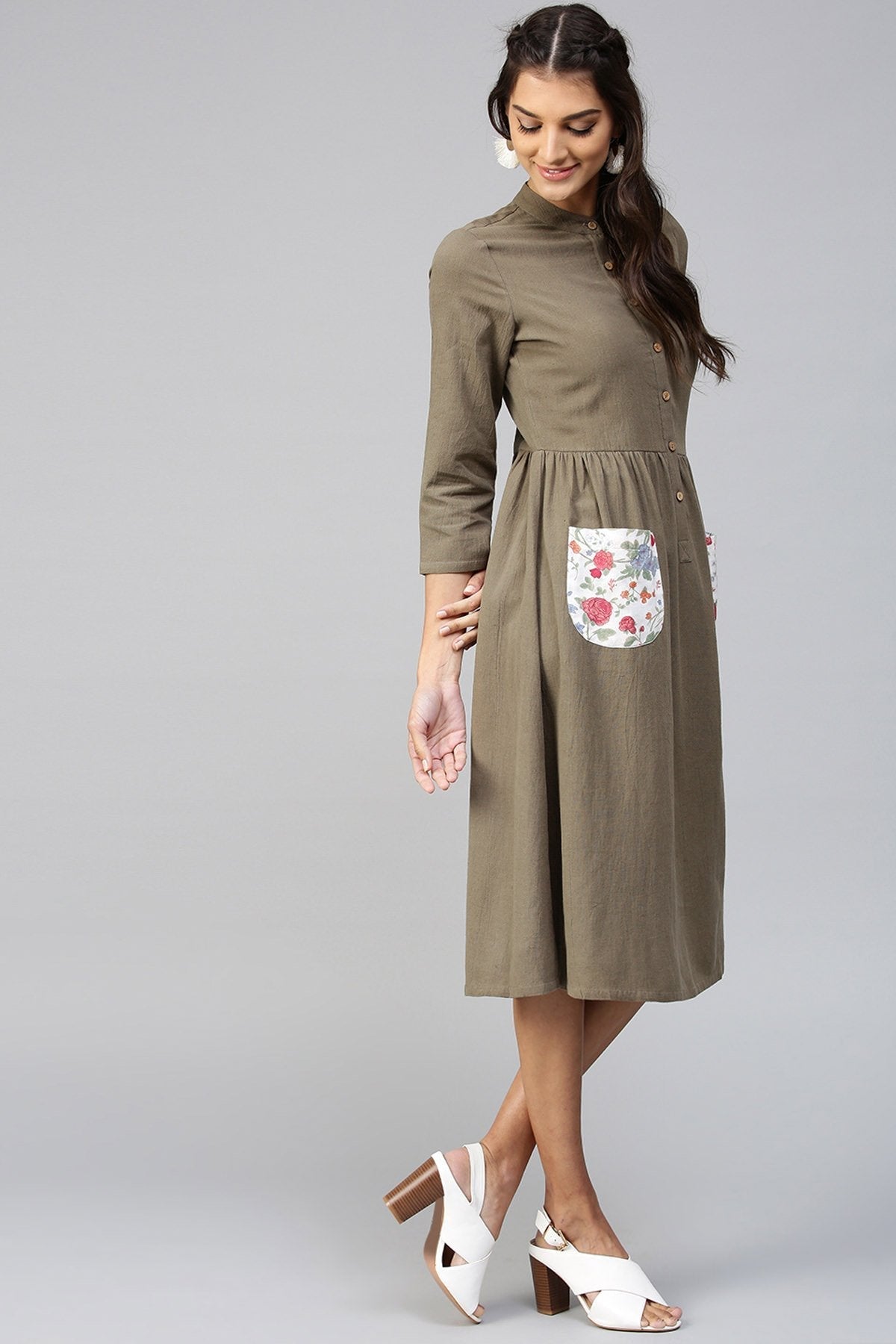 Women's Floral Printed Pocket Brown Ethnic Midi Dress