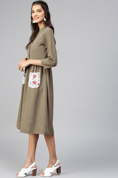 Women's Floral Printed Pocket Brown Ethnic Midi Dress