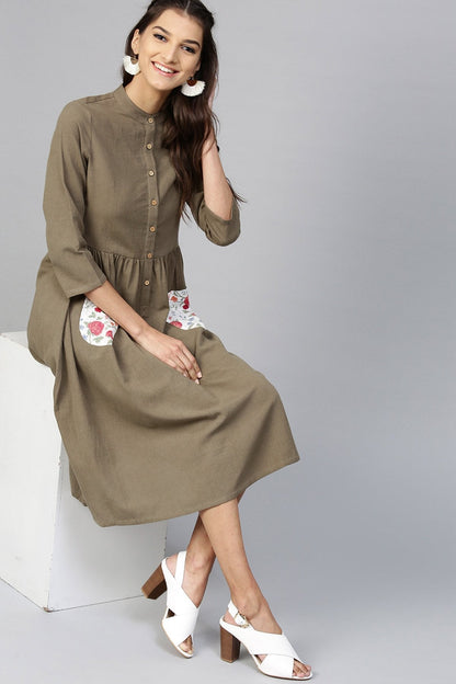 Women's Floral Printed Pocket Brown Ethnic Midi Dress