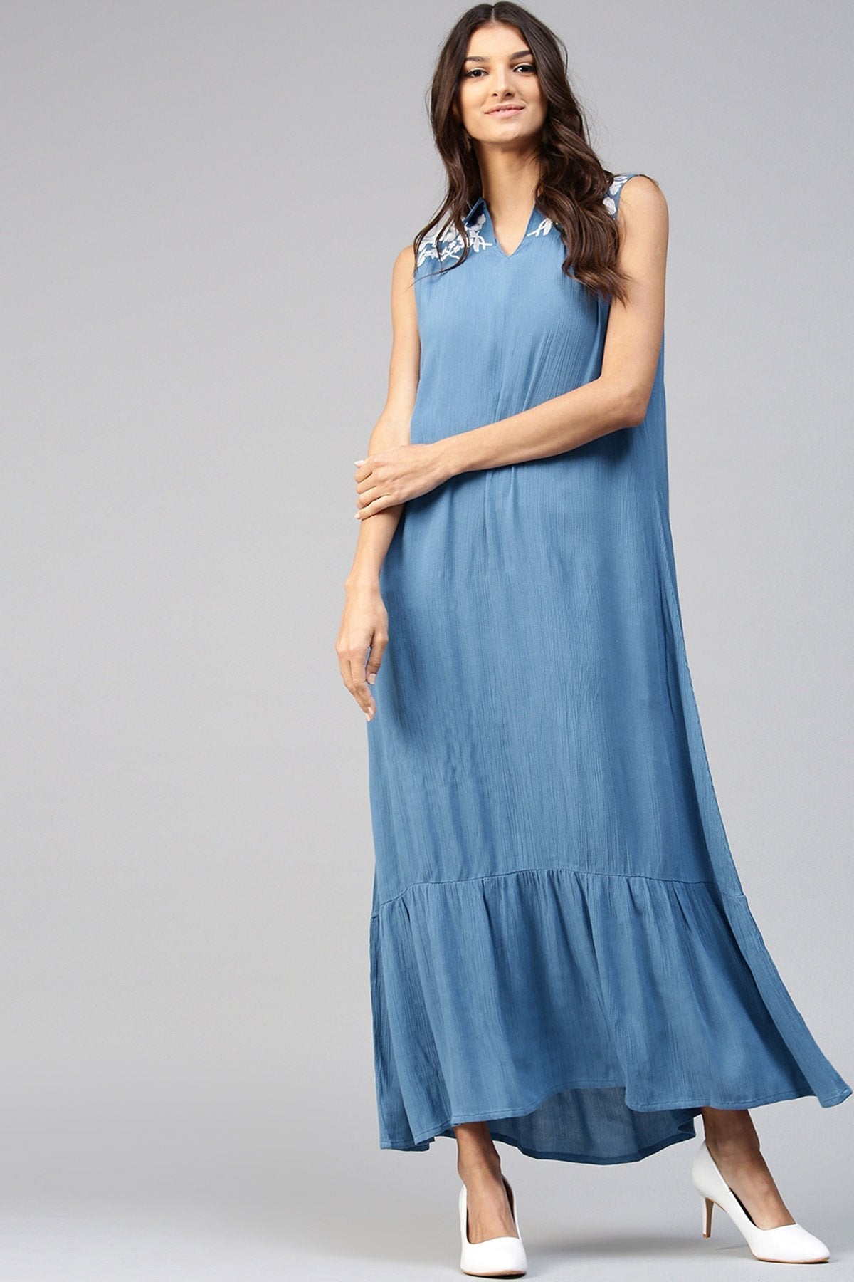 Women's Embroidered Yoke Crinkled Blue Ethnic Maxi