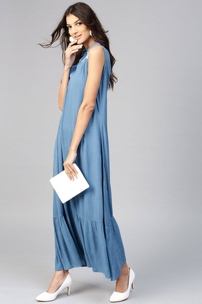 Women's Embroidered Yoke Crinkled Blue Ethnic Maxi