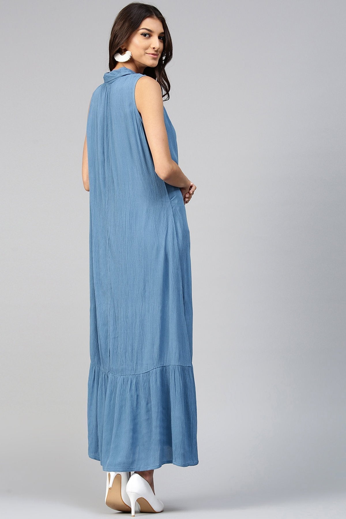 Women's Embroidered Yoke Crinkled Blue Ethnic Maxi