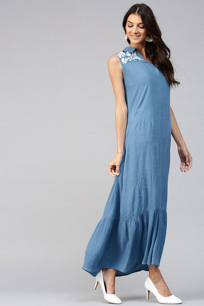 Women's Embroidered Yoke Crinkled Blue Ethnic Maxi