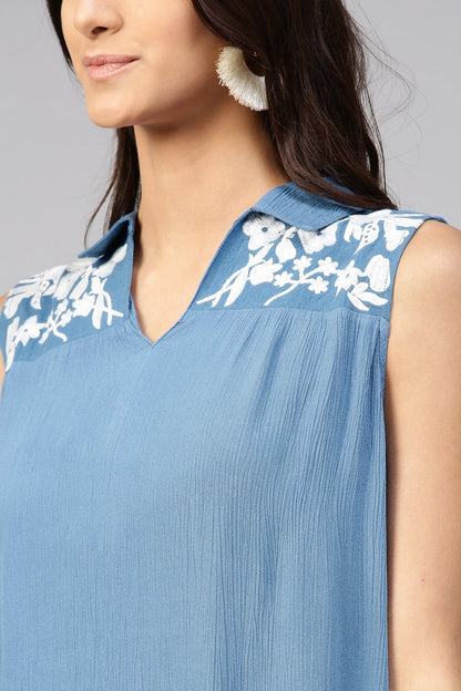 Women's Embroidered Yoke Crinkled Blue Ethnic Maxi