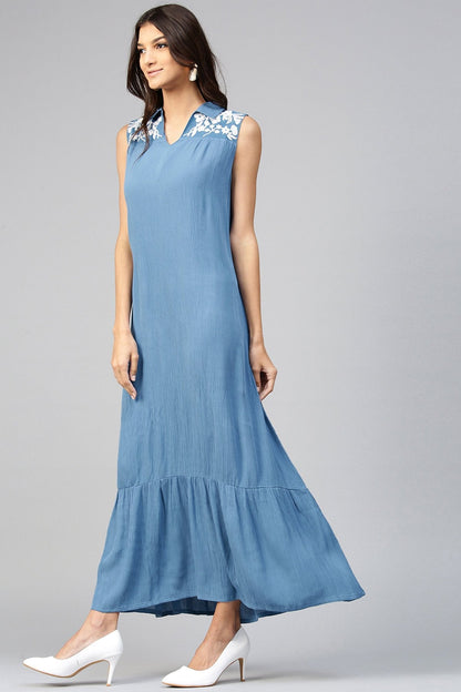 Women's Embroidered Yoke Crinkled Blue Ethnic Maxi