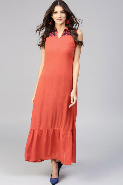 Women's Embroidered Yoke Crinkled Rust Ethnic Maxi