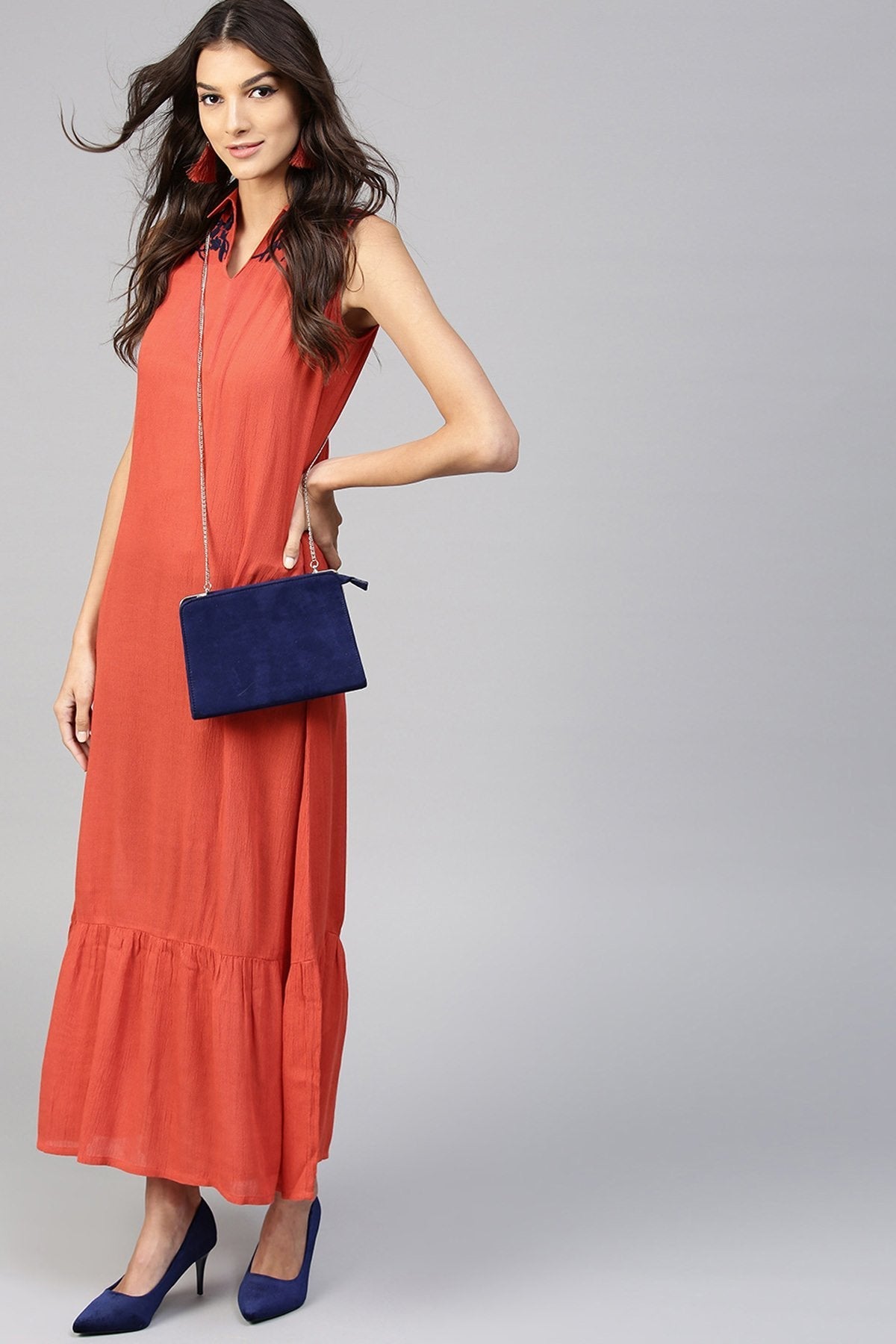 Women's Embroidered Yoke Crinkled Rust Ethnic Maxi