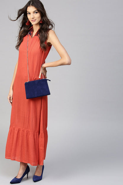 Women's Embroidered Yoke Crinkled Rust Ethnic Maxi
