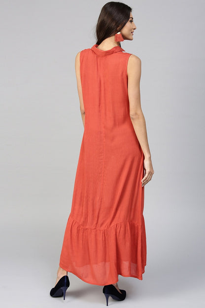 Women's Embroidered Yoke Crinkled Rust Ethnic Maxi