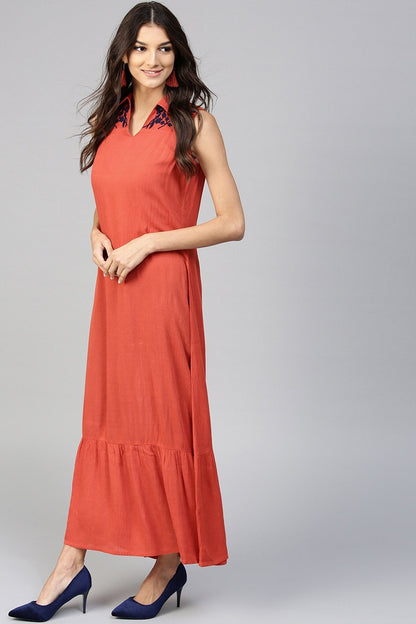 Women's Embroidered Yoke Crinkled Rust Ethnic Maxi