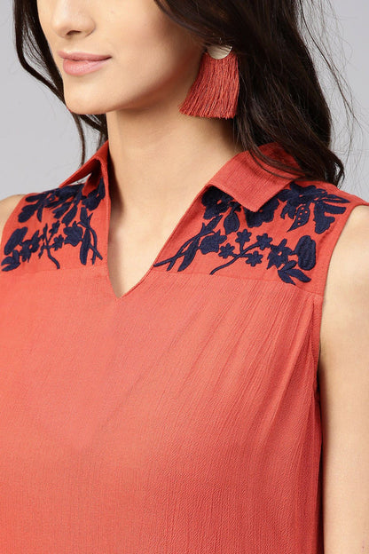 Women's Embroidered Yoke Crinkled Rust Ethnic Maxi