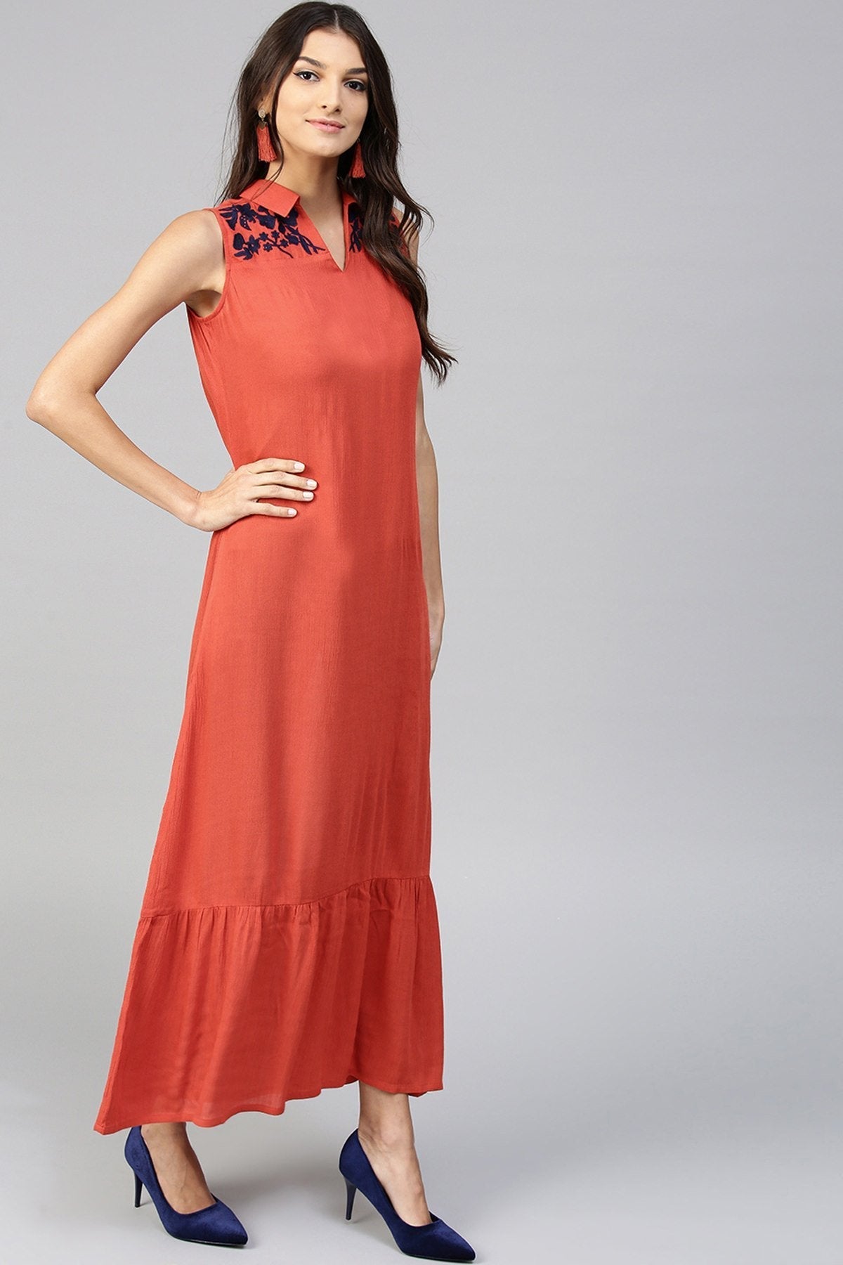 Women's Embroidered Yoke Crinkled Rust Ethnic Maxi